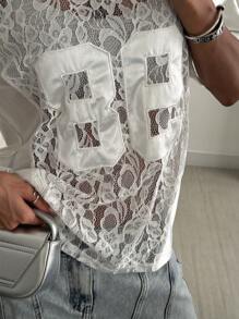 Coolane Tricou de vară streetwear pentru femei și bărbați, stil Y2K Gyaru Fairycore, zi de joc, model contrastant din dantelă cu numere, model patchwork, supradimensionat, din jerseu