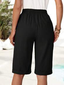 EMERY ROSE Women's Regular Linen Black Elastic Waist Casual Drawstring Shorts,Linen Pants