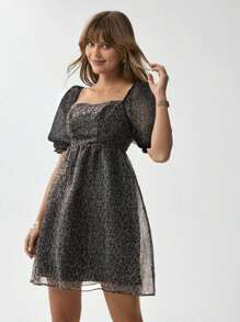 Wildy Vestido corto romántico de malla transparente con mangas abullonadas, estampado de leopardo, estilo casual, americano, occidental, para resort de verano