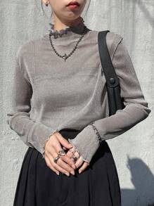 FRIFUL Women's Mesh Turtleneck Sheer Blouse, Layering Top For Autumn Long Sleeve Top