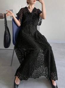 FRIFUL Women's Long Black Sheer Lace V-Neck Waisted Dress, Vacation Beachwear Elegant Prom Dress