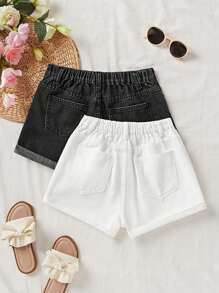 SHEIN Pantaloni scurți din denim largi, cu tiv rulat, pentru fete, preadolescente, pentru vacanța de primăvară-vară, din 2 piese, casual, cu imprimeu boho, pentru plajă, concert, rave, festival, școală, campus, facultate - Multicolor - Vizualizare 2