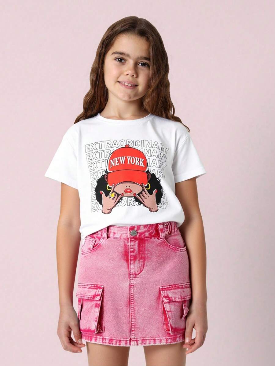 Denimly Tween Girls 2pcs Casual Set: Loose Fit Hoodie T-Shirt With English Letter Print & Sweet Pink Denim Cargo Skirt With Elastic Waist, Urban Street Style - White - View 1