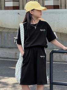 Dazy Kids 青少年女孩两件套撞色条纹蝴蝶结装饰上衣和短裤套装，适合返校季 - 黑色 - 查看 6