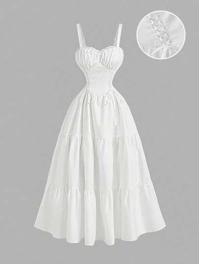 SHEIN MOD 法式浪漫少女初恋小白裙，女士无袖中长连衣裙