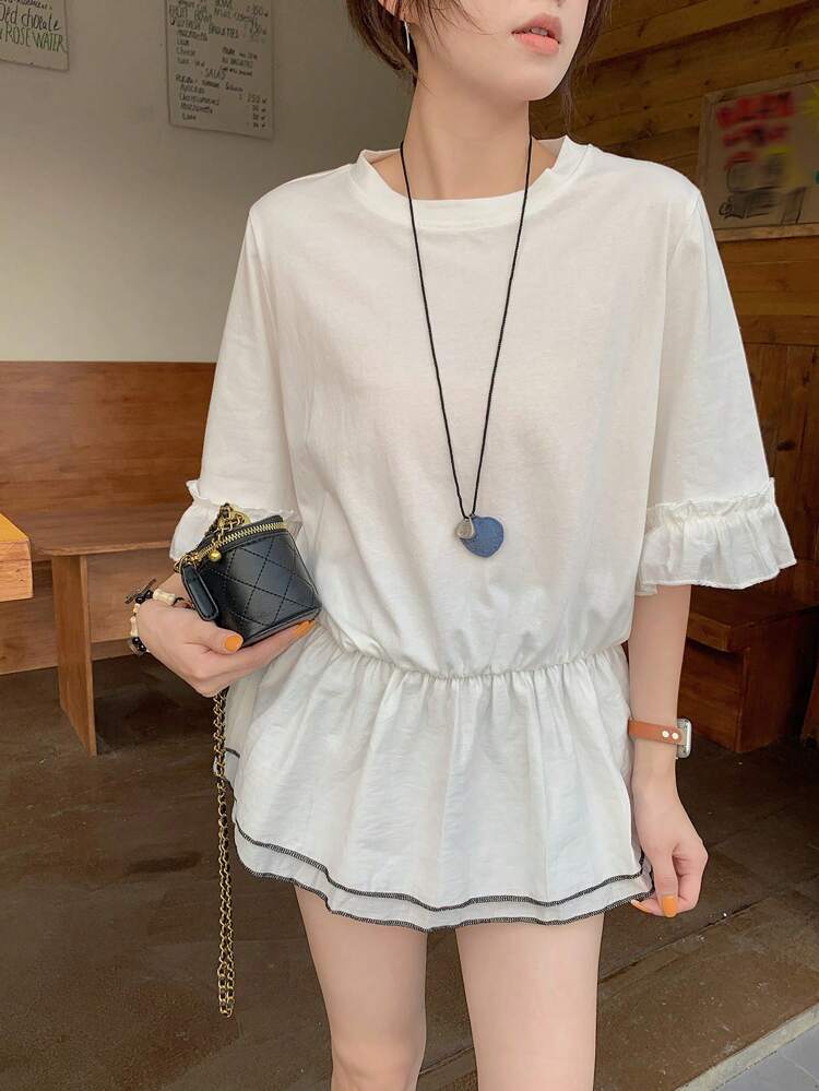 Women's Crew Neck Ruffle Trimmed Mesh Patchwork Short Sleeve T-Shirt, Summer