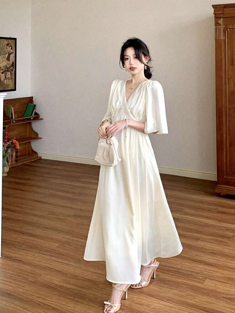 Women's V-Neck Sequin Elegant Short Sleeve Boho Midi Beach Dress, Summer