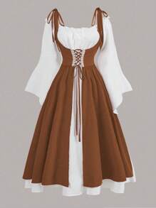 SHEIN MOOSTA Plus Size Casual Color Block 2 In 1 Drawstring A-Line Long Dress Maxi Women Fall Outfit - Multicolor - View 1