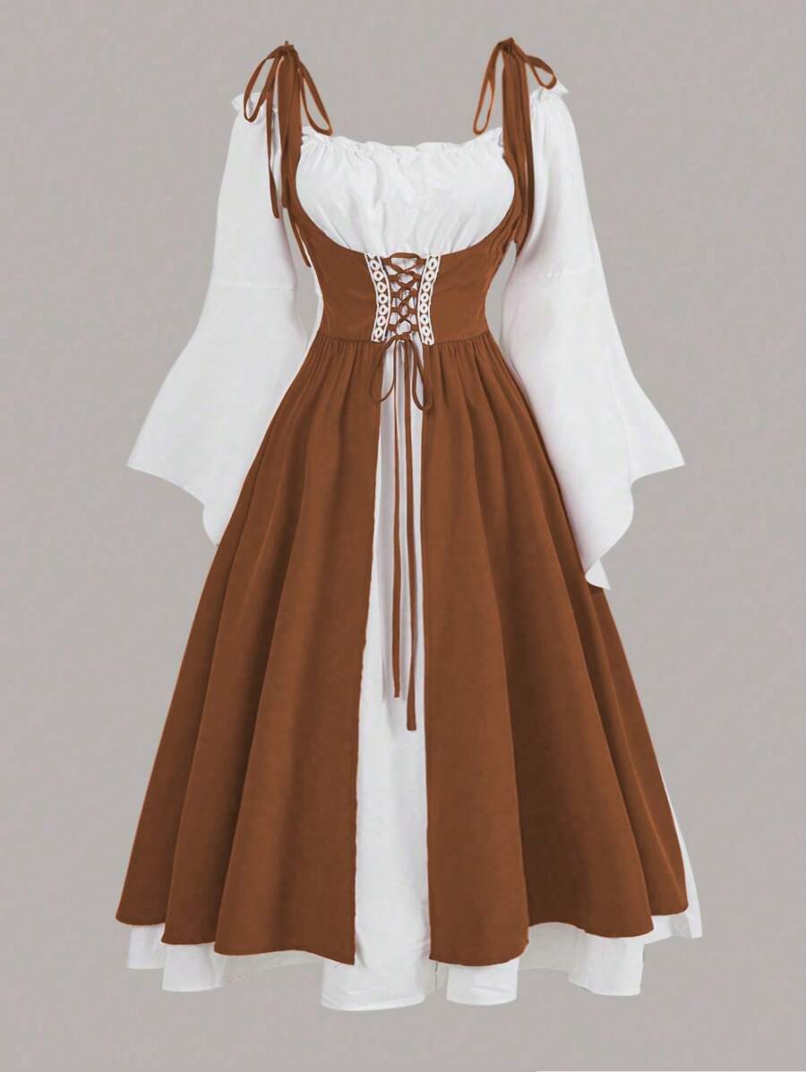 SHEIN MOOSTA Plus Size Casual Color Block 2 In 1 Drawstring A-Line Long Dress Maxi Women Fall Outfit - Multicolor - View 1