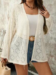 SHEIN Clasi Plus Size Women's Lace Hollow Out Casual Cardigan, Lightweight Loose Outerwear For Leisure/Travel, Spring/Summer - Beige - View 3