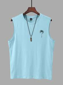 Manfinity Chillmode Men's Botanical Print Round Neck Loose Fit Summer Tank Top - Blue - View 3