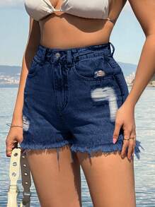 SHEIN Cottnline 100%Cotton Back Label Detailed Short With Destroy - Dark Wash - View 7