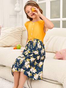 SHEIN Toddler Girls Fake Button Bow Front Floral Dress - Multicolor - View 5