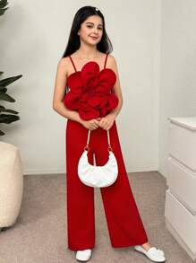 SHEIN Leap Crew Tween Girl Elegant Slim Fit Cami Jumpsuit With 3D Floral Decoration, Casual Versatile Suitable For Parties, Weddings, Spring & Summer - Red - View 3