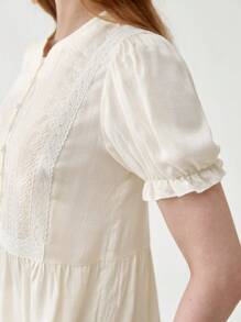 Florisole 女式夏季休闲波西米亚花卉刺绣蕾丝拼布宽松圆领短袖杏色衬衫