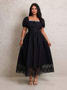 Flirla Plus Size Summer Casual Ruffle Sleeve Cinched Waist Dress - Blue - View 3