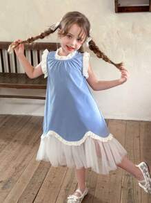 LMoss Kids 年轻女孩梭织拼色网眼拼接无袖连衣裙