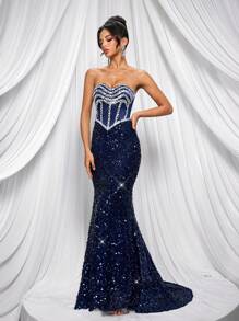 Glamrae Robe de soirée longue élégante et luxueuse faite main avec queue de sirène, décolleté en V, strass bleus et traîne, pour femmes - Bleu azur - Voir 2