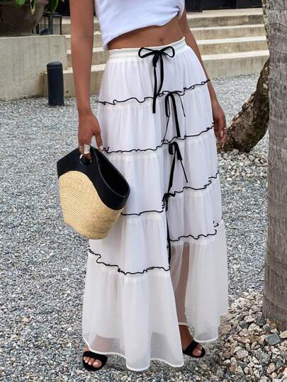 DAZY 女士度假休闲多层蛋糕裙，撞色拼接蝴蝶结优雅喇叭裙