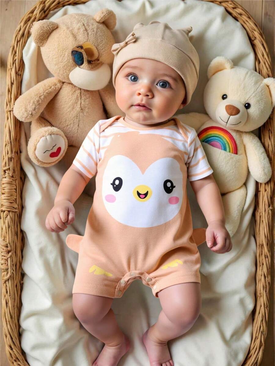 SHEIN Newborn Baby Boy/Girl Penguin Pattern Knitted Soft Crew Neck Short Sleeve Romper - Khaki - View 1