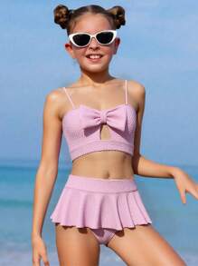Girls' Special Fabric Bowknot Ruffle Swimsuit Set For Beach, Summer - Pink - View 1
