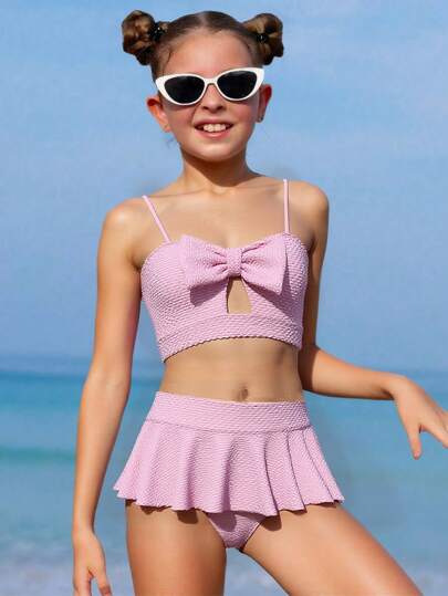 Girls' Special Fabric Bowknot Ruffle Swimsuit Set For Beach, Summer