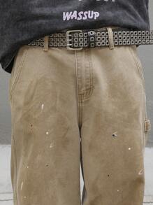 Manfinity EMRG 男士休闲水洗做旧直筒牛仔裤 - 卡其色 - 查看 6