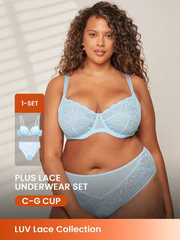 LUVLETTE Damen Große Größen 2-teiliges blaues sexy Dessous-Set mit voller Abdeckung, ungefütterter Spitze Eleganz & Mesh Minimizer-BH, Spitzen-BH und Slip als passendes Set