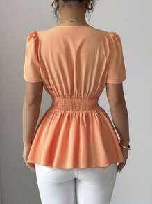 Elenzga Áo sơ mi nữ cổ chữ V mới dệt vải có tay bèo nhún, nút trang trí eo, gấu áo chéo có thiết kế bèo nhún, đa năng, thanh lịch, vừa vặn màu cam - trái cam - Xem 2