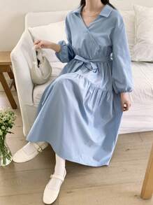 SHEIN TEENGIRL Mint Green V-Neck Mid-Calf Dress, Elegant Korean Style Holiday Dress Casual Girl Dress Women Clothing Dresses Modest Spring Dresses For Teen Girls Casual Dresses Modest Teen Clothes - Blue - View 2