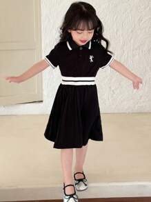 Young Girl Summer Fashion Pony Embroidery Striped Patchwork Polo Collar Half-Placket Short Sleeve Dress - Black - View 2