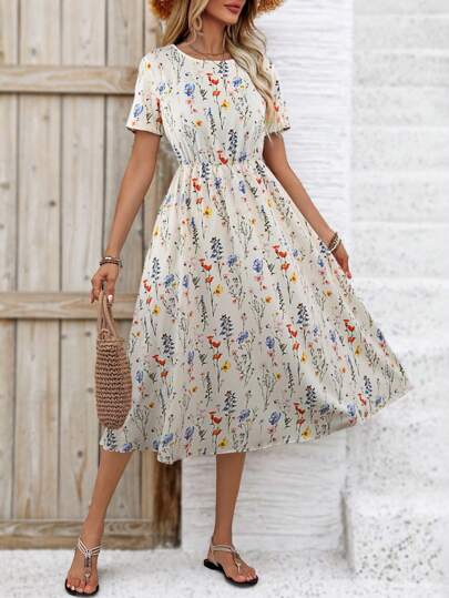 Breezaya Chic Ditsy Floral Midi Dress, Round Neckline, Layered, Durable And Easy-To-Care, Suitable For Women Casual Summer Dresses Maxi Women Outfit