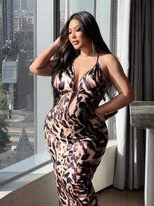 Flirla Plus Size Leopard Print Low-Cut Dress, Fashionable For Summer - Brown - View 6