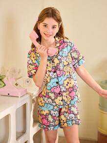 SHEIN Conjunto de pijama de niña preadolescente con estampado de nubes y pantalones cortos de manga corta