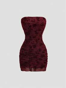 Sweetra 女式露肩无袖天鹅绒花卉印花修身迷你连衣裙，复古美式风格，夏季 - 紅色 - 查看 3