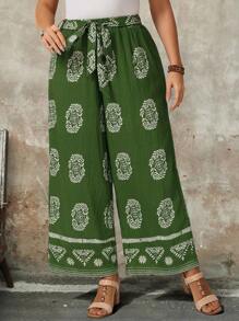 Breezaya Pantalones de vacaciones de estilo bohemio con estampado total, cinturón y piernas anchas, para mujeres de talla grande, pantalones de verano - Verde - Ver 4