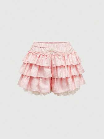 Kawaii Damen Große Größen Retro Palazzo romantische strukturierte Satin Patchwork Perlen Anhänger Shorts