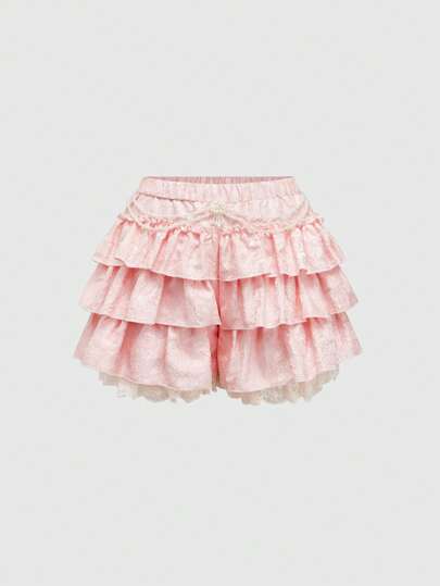 Kawaii Short de mujer talla grande con textura de satén retro romántico, remiendo y colgante de perla