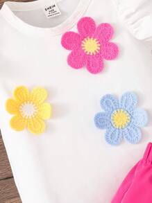 Bộ áo phông và quần short họa tiết hoa cổ tròn tay bồng đơn giản cho bé gái - màu xanh lá - Xem 3