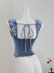 SHEIN MOD 女式牛仔休闲修身弹力上衣，蓝色，夏季上衣，短款上衣，女式束身衣上衣，露背上衣，可爱上衣，可爱夏季上衣，蓝色上衣，夏季，度假，女士生日上衣，7 月 4 日，商务休闲女装，女士外出上衣，生日，乡村音乐会 - 中等水洗藍 - 查看 2