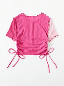 SHEIN EZwear Plus Size Women Sweet Contrast Color Ruffle Tie Neck Pleated T-Shirt - Hot Pink - View 2