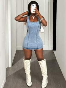 Slaydiva Fashionable Sexy Backless Fitted Mini Denim Dress - Blue - View 7