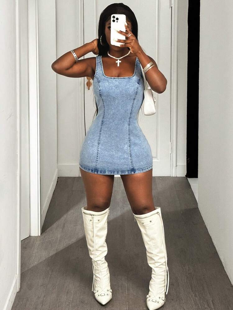 Slaydiva Fashionable Sexy Backless Fitted Mini Denim Dress - Blue - View 7