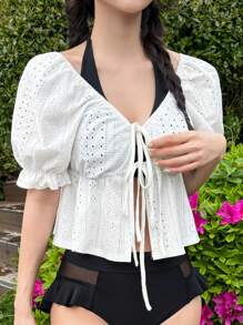 DAZY Women's Hollow-Out Lace-Up Beach Cover-Up, Spring/Summer Vacation - White - View 5