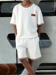 2pcs Casual Outfit For Teenage Boys: Textured Letter Fabric Patchwork Two-Tone Drawstring Suit