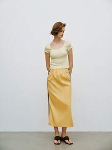 SHEIN LUNE Falda de cintura alta con decoración lateral de empalme, de verano - Amarillo - Ver 6