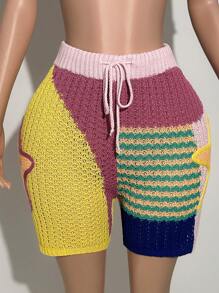 Slaydiva Pantalon court à jambes larges en laine contrastée avec décoration d'étoiles vintage, pour une tenue d'été 2025 casual, de rue et de rendez-vous. Pantalon femme