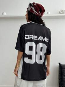 Coolane 女士春夏节日复古街头运动服迷彩数字印花棒球球衣 T 恤 - 黑色 - 查看 2