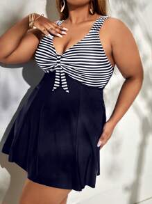 Swim Lushoire Plus Size Vacation Beach Striped Splice Swimsuit Skirt,Summer Outfits For Women,Bathing Suit - Navy Blue - View 3