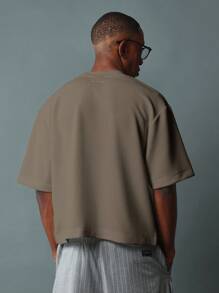 SUMWON 超大宽松剪裁短袖圆领优质针织 T 恤街头时尚运动休闲必备上衣都市时尚简约设计休闲基本款 - 卡其色 - 查看 2